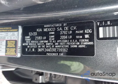 2024 Kia Forte Lxs из США, поврежденный, VIN 3KPF24AD2RE739162